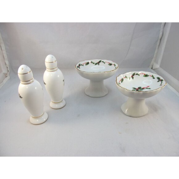 Lefton China Holly Salt Pepper Shakers and 2 Pedestal Candy Nut Dish Set - Picture 9 of 11
